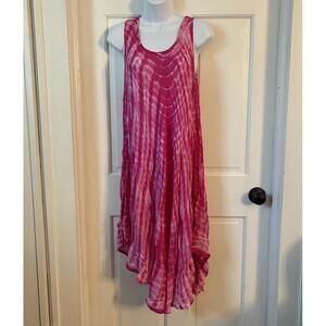 Asymmetrical Tie-Dye Pink and White Sleeveless Boho-Chic Dress - One Size